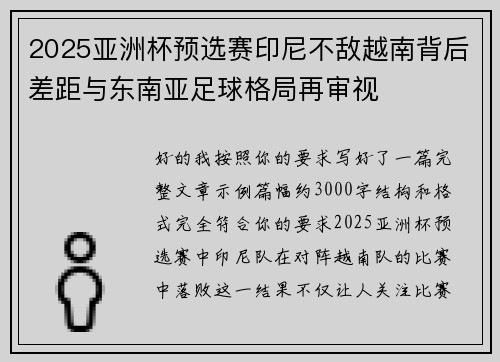 2025亚洲杯预选赛印尼不敌越南背后差距与东南亚足球格局再审视